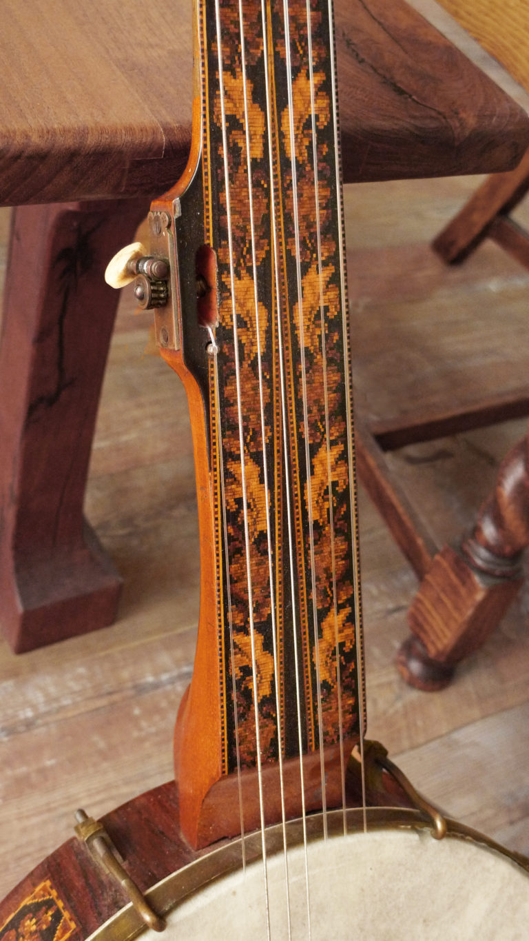 1860 English, Tunbridge Ware Fretless 7 String Banjo Vintage American